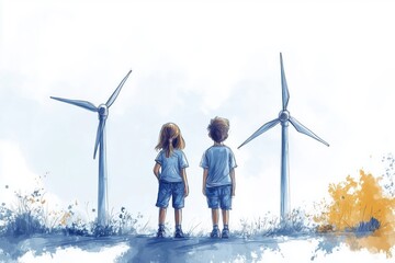 Basic sketch of kids with wind turbine models, [Renewable Energy], [Environmental Learning], No logo, No Trademark, No text, minimal concept with copy space for stock photo