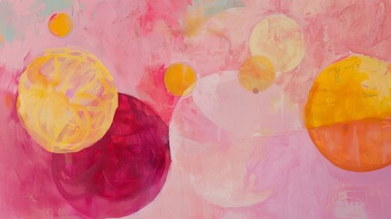 Wall Mural - Painting with pink and yellow circles, creating a colorful contemporary abstract design