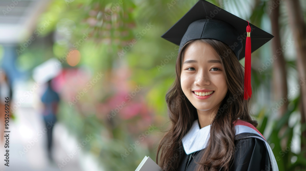 Joyful asian graduate celebrating academic achievement, portrait of a ...