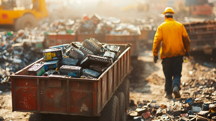 Workers transporting old batteries to a recycling facility.