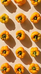 Aufkleber - Bright Yellow Bell Peppers on Beige Background Fresh, Vibrant, and Clean Pattern with Consistent Spacing and Soft Shadows