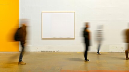 Poster - Motion Blurred People Passing by Minimalist Beige Interior Wall with Empty Frame in Modern Vibrant Red and Yellow Setting