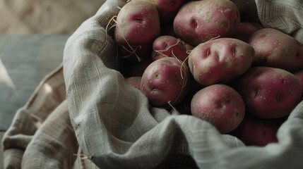 Canvas Print - A rustic basket filled with earthy, freshly harvested red potatoes wrapped in a cloth.