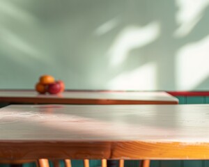 Poster - Fresh Morning Light on Minimalist Soft Red Table in Vibrant Dining Scene with Natural Bokeh Effect