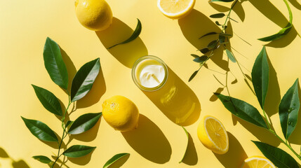 Sticker - Fresh lemons and leaves artfully arranged on a bright yellow background, evoking a lively and refreshing atmosphere.