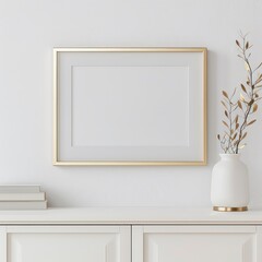 simplistic gold frame mockup opening for artwork on a white wall