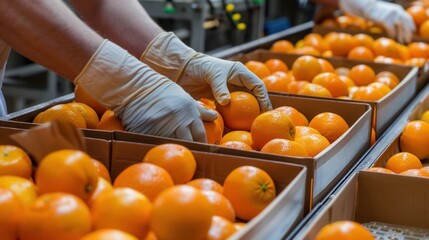 Hand working on assembly line in an orange fruit factory