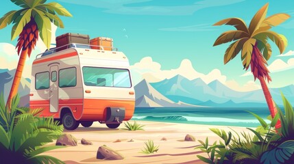 Canvas Print - RV on Tropical Beach with Palm Trees