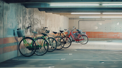 Several bicycles are neatly lined up against a concrete wall in an empty, well-lit urban parking garage.