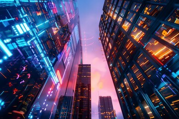 two contrasting office towers at dusk, vibrant and illuminated with dimmed windows