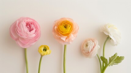 Canvas Print - Minimalist Floral Arrangement with Pastel and Peach Ranunculi Against Soft Beige Background in Diffused Light