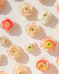 Poster - Pastel Peach Ranunculi on Soft Beige Background - Bright and Crisp Daylight