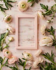 Poster - Elegant Floral Mockup with Pastel Pink Frame Surrounded by Beige Ranunculi and Green Leaves on Wooden Surface