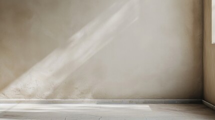Poster - Serene Midday Indoor Minimalist Setting with Soft Brown Plaster Wall and Concrete Floor, Low-Angle Shot, Calming Ambiance