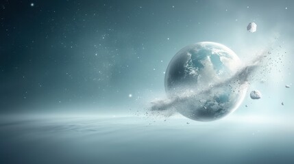 Wall Mural - A planet with a large crater on it and a lot of debris surrounding it. The planet is surrounded by stars and the sky is blue
