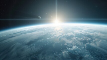 Wall Mural - A beautiful blue and white planet with a bright sun in the sky. The sun is shining brightly, illuminating the planet and creating a sense of warmth and serenity. The scene evokes a feeling of wonder