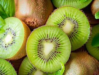 Wall Mural - Freshly Cut Kiwi Fruits Displayed With Their Juicy Green Insides Surrounded By Leaves