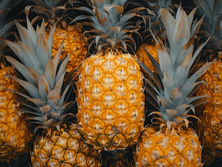 Wall Mural - Fresh Pineapples Arranged Together Harvested From Tropical Farm During Late Morning Hours