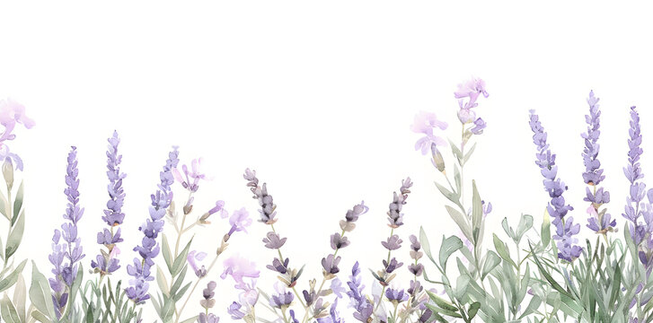 Watercolor lavender blossom border flowers, white background