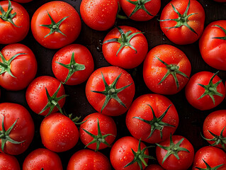 Sticker - Freshly Harvested Ripe Red Tomatoes Glistening With Water on Dark Surface