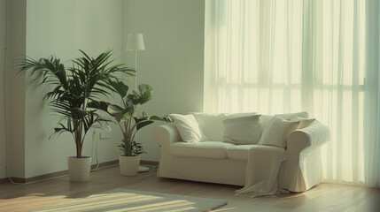 Wall Mural - Sunlit living room scene with a soft, white couch, green plants, and light streaming through sheer curtains.