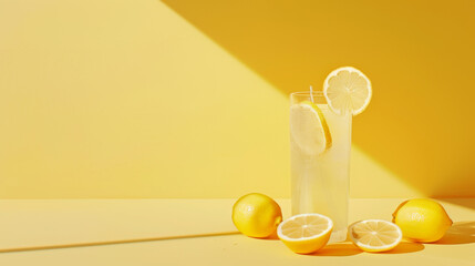 Canvas Print - A glass of refreshing lemonade with lemon slices sits in the sunlight against a bright yellow background, surrounded by whole and half-cut lemons.