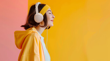 A young woman wearing headphones enjoys music, lost in her thoughts against a bright yellow background, radiating a joyful and vibrant aura.