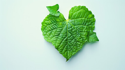 Poster - A single green leaf, perfectly shaped like a heart, rests against a clean, white background, symbolizing nature's beauty and simplicity.