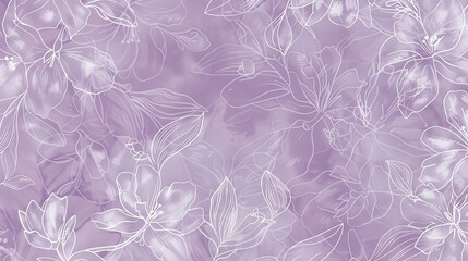  A lilac abstract background with a subtle floral pattern, featuring delicate outlines of flowers and leaves in white. The intricate design adds a touch of elegance and nature.