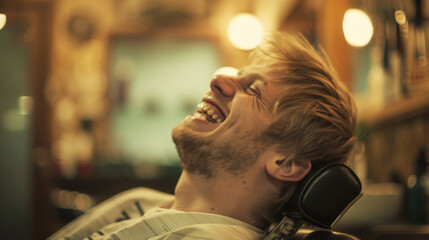 Sticker - A man lounges back in a barber's chair, laughing heartily as warm light fills the cozy, nostalgic atmosphere of the barber shop.