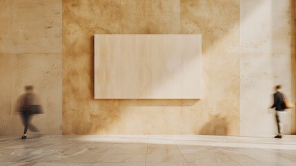 Poster - Empty Soft Brown Plaster Wall with Blank Poster Mockup and Motion Blur of People Passing By in Minimalist Indoor Setting with Warm Lighting