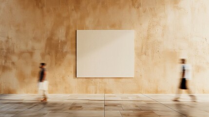 Poster - Empty Indoor Wall Mockup with Blurred People Passing By, Minimalist Setting, Soft Lighting, Serene Ambiance