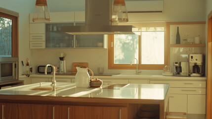 Wall Mural - A sunlit, minimalist kitchen with warm wooden accents and a spacious, airy feel.