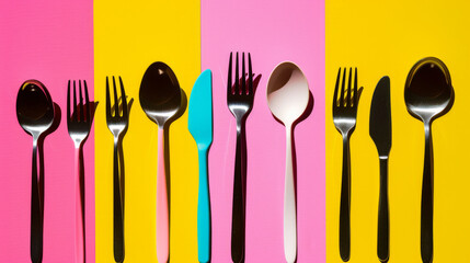 Wall Mural - A collection of utensils in various colors and styles arranged neatly on a bright pink and yellow background, creating a bold and modern composition.