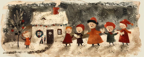 Whimsical Christmas illustration of children singing carols in front of a cozy house, ideal for holiday-themed designs, festive greetings, and seasonal promotional materials