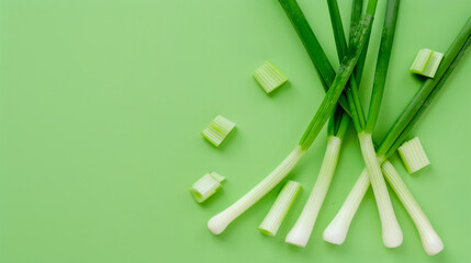 Canvas Print - Fresh green onions on a pastel green background create a minimalist and harmonious arrangement, highlighting their freshness and vibrancy.