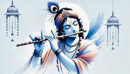 Sticker - Illustration of lord krishna playing flute for janmashtami.