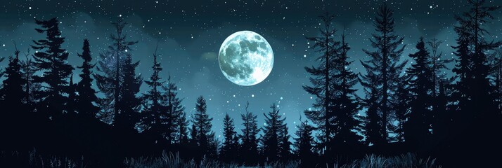 Wall Mural - Silhouette of spruce forest under bright full moon in dramatic nighttime landscape