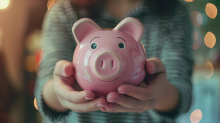 the girl holds a piggy bank in her hands. International Credit Union Day