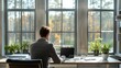 © Рудой Максим - Professional Man Working at Desk in Modern Office Surrounded by Nature in Autumn. Generative AI
