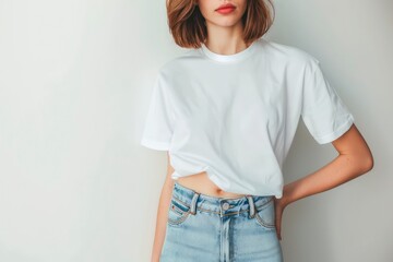 mockup white t-shirt front view worn by a beautiful retro girl on a white wall background