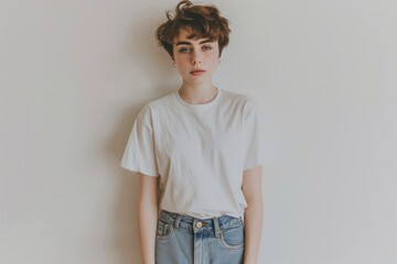 mockup white t-shirt front view worn by a beautiful retro girl on a white wall background