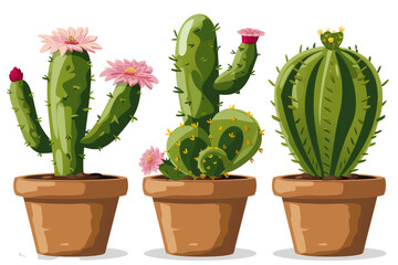 Wall Mural - Set of Green cactus plants, brown pots with flower illustration on transparent background