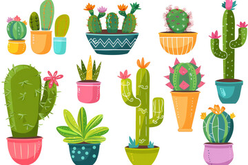 Wall Mural - Set of Colorful cactus plants in colored pots with outlines, Exotic Tropical Plants isolated on a transparent background