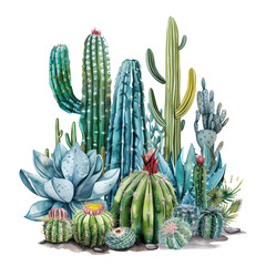 Wall Mural - Set of Colorful cactus plants in colored pots with outlines, Exotic Tropical Plants isolated on a transparent background