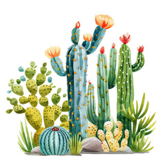 Wall Mural - Set of Colorful cactus plants in colored pots with outlines, Exotic Tropical Plants isolated on a transparent background