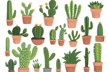 Wall Mural - Set of Green cactus plants, brown pots with flower illustration on transparent background