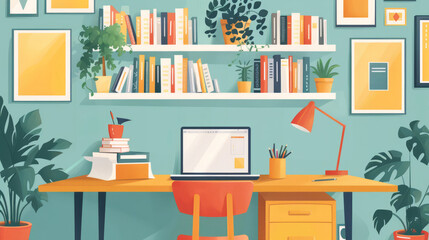 Wall Mural - Elegant home office setup featuring a desk with green plants and abundant natural light, offering a serene and productive atmosphere. Ideal for remote work and home decor inspiration