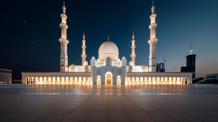 Beautifully designed mosque illuminated by city lights, intricate details in a neon-lit urban landscape, a captivating blend of sacred and modern