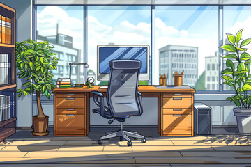 Wall Mural - Contemporary office space with large windows offering a bright and open view of the cityscape, ideal for corporate or business-themed projects